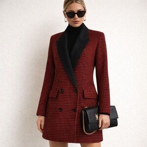 Veronica Beard Senna Wool Cashmere Red Black Houndstooth Double Breasted Coat